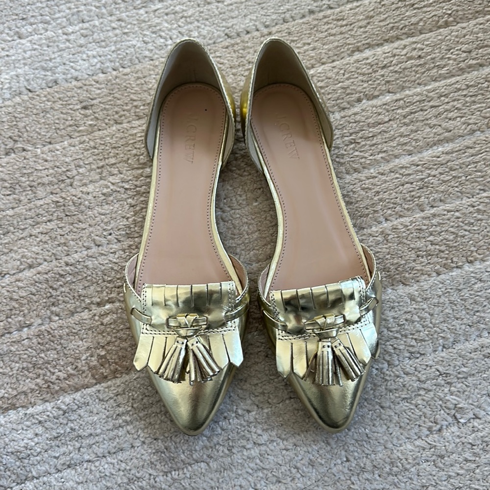 J. Crew Gold Pointed Tassel Loafers